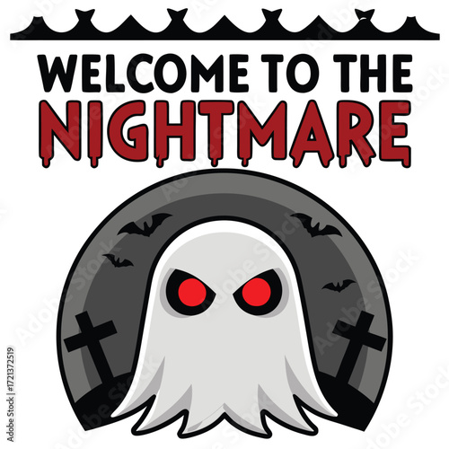Welcome to the nightmare with a spooky ghost, bats, and tombstones isolated on white background for a scary halloween celebration