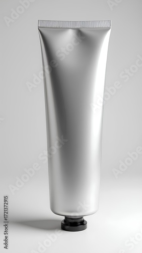 A silver aluminum cosmetic tube with a black cap stands against a clean grey background, providing a sleek and modern product mockup.