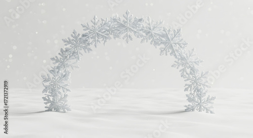 Snowflake arch decoration on white snowy background in winter  