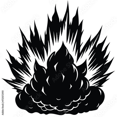 Striking black and white explosion illustration with jagged edges and dynamic design