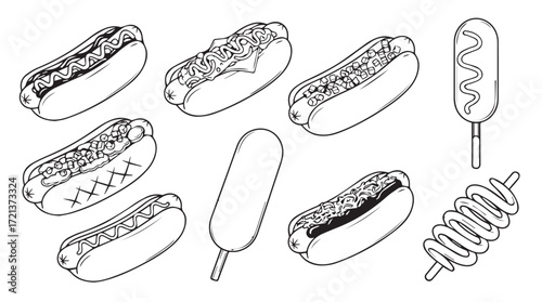 Collection of delicious hot dogs and corn dogs hand drawn sketch style food art silhouette