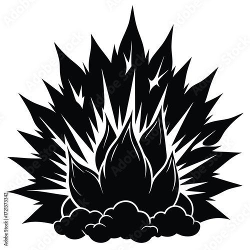 Dramatic explosion illustration in black and white with sharp, jagged edges design