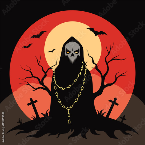 Grim reaper with skull face and chain standing in graveyard with bats flying in the night, halloween theme vector illustration