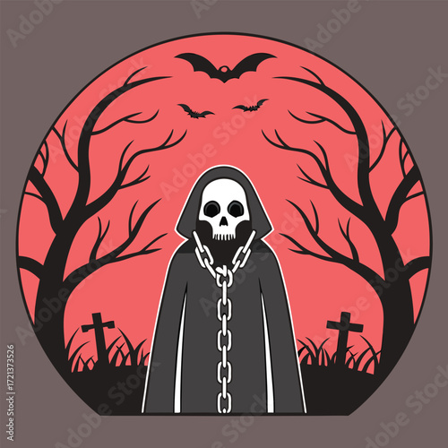 Grim reaper with skull face and chain standing in graveyard with bats flying in the night, halloween theme vector illustration