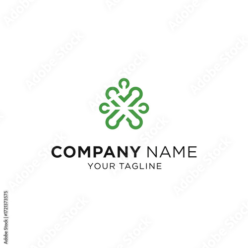 A minimalist green logo featuring an abstract, interconnected symbol resembling a stylized flower or a knot, placed above the text "COMPANY NAME" and "YOUR TAGLINE".