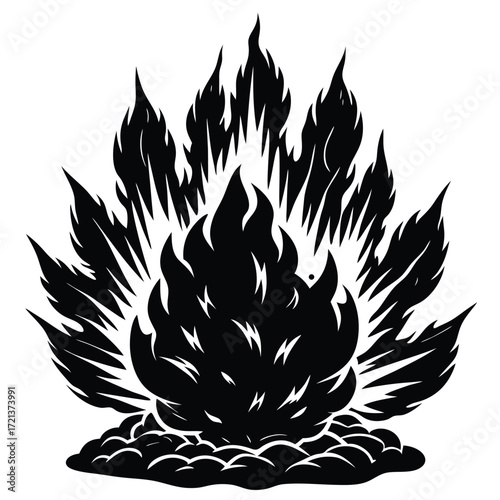 A stylized black and white illustration of a blazing fire
