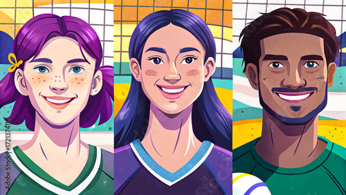 Vector cartoon of boy and girl volleyball players hitting ball, sports competition, energetic teamwork, youthful athletic lifestyle.