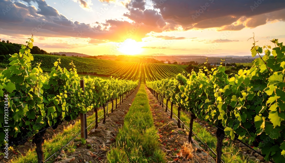 Naklejka premium Vineyard at sunset