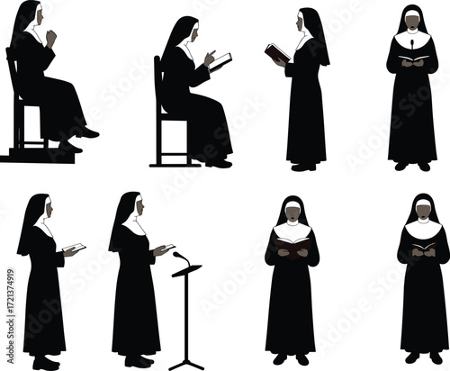 A collection of silhouettes of a nun in religious habits, praying, holding a cross, and speaking at a lectern on a white background.