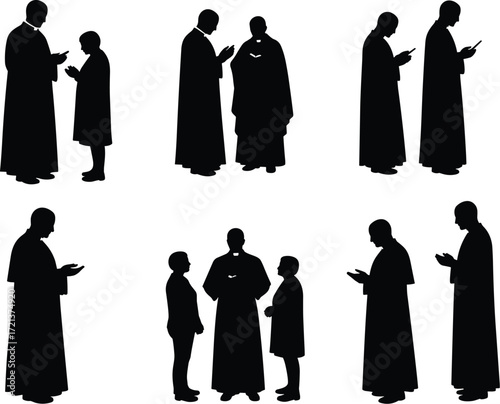 A collection of silhouettes of a priest or minister and a young person, a spiritual and religious guidance scene on a white background.