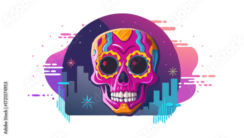 Day of the dead sugar skull vector illustration with city skyline and colorful decorations design art