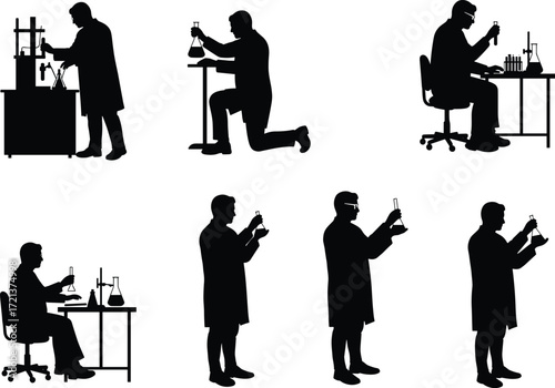 A collection of silhouettes of a scientist or researcher working in a lab with beakers and flasks on a white background.