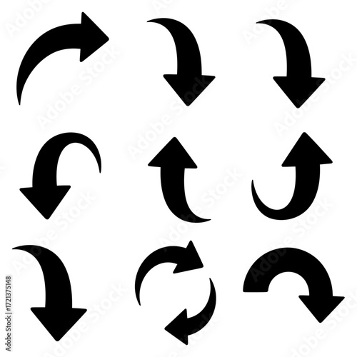 Collection of Black Directional Arrows Indicating Movement, Change, and Navigation on a White Background