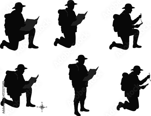 A collection of silhouettes of a detective or private investigator in a trench coat and hat, holding a magnifying glass.