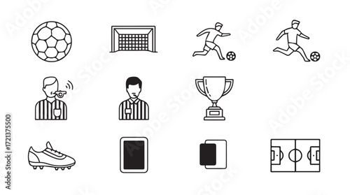 Set of hand-drawn soccer icons featuring ball goal players referee trophy boot and cards sports theme silhouette