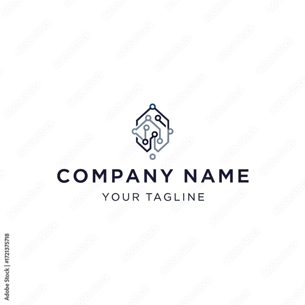 Fototapeta premium A modern technology logo featuring a hexagonal circuit design with nodes and connections, suitable for a tech company.