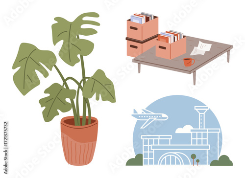 Potted monstera plant, tabletop with files and mug, and airport with airplane departing. Ideal for workspace organization, travel, productivity, eco-design, minimalism balance modern lifestyle. A