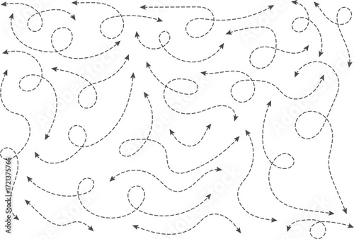 Dual sided Hand drawn curve dotted line arrow. Double side curved Dashed outline arrows set. two side Wavy dot line arrow collection. zigzag arrows