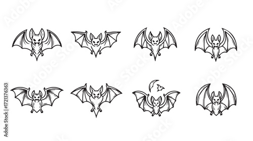 Collection of eight stylized gothic bat outlines perfect for spooky halloween designs and dark fantasy art silhouette