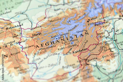 A detailed, close-up physical map of Afghanistan, showing the mountainous terrain, including the Hindu Kush range, with key city names and political boundaries. 