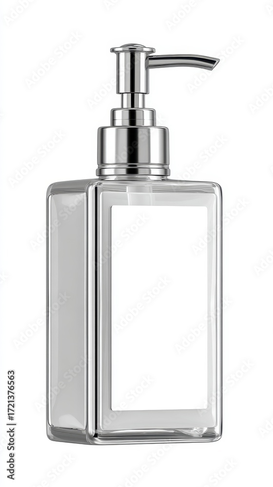 Obraz premium A clear glass soap dispenser with a silver pump, isolated on a white background.