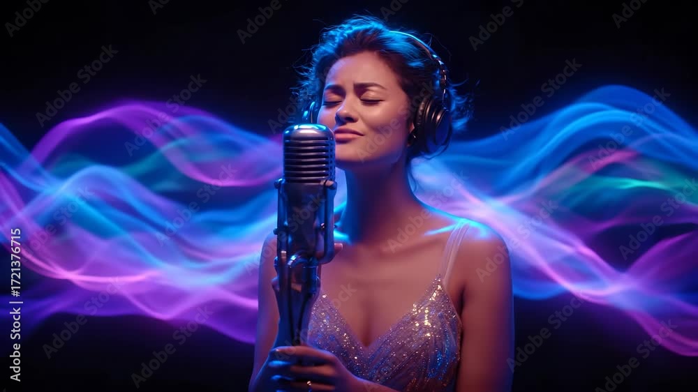 Passionate Female Singer Performs Live on Stage with Dynamic Sound Wave ...