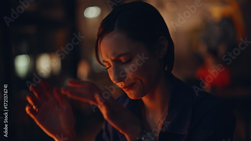 Fotografi Closeup fatigued night worker touching temples finishing hard workday portrait