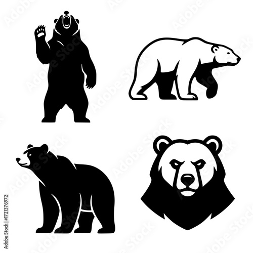 Collection of four distinct bear illustrations in silhouette style isolated on transparent background