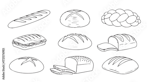 Hand drawn assortment of fresh baked bread loaves and rolls collection line art silhouette