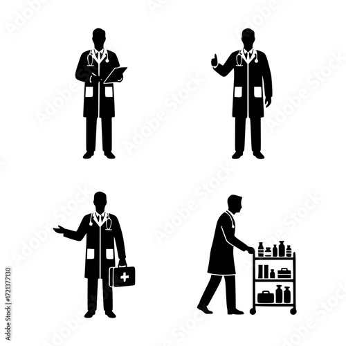 Four silhouette doctor poses medical professionals in lab coats with stethoscope and medical equipment isolated on transparent background silhouette