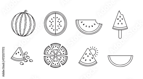 Hand drawn outline watermelon slice collection fresh summer fruit elements simple sketch art silhouette