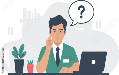 Confused man with question mark pondering business solutions at desk with laptop, searching for answers and innovative ideas in the digital age