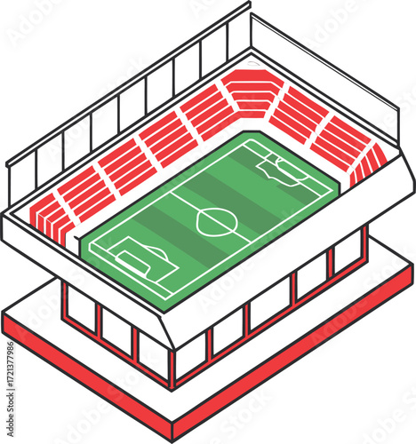 Isometric football stadium with green field and red seating soccer illustration