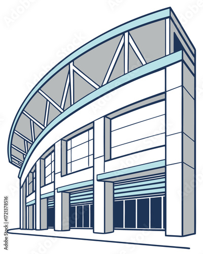 Modern stadium building facade with curved roof and geometric structure architecture