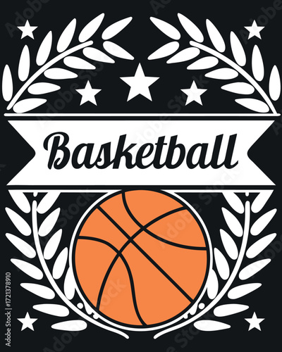 Orange basketball with white laurel wreath and stars on black background sport game