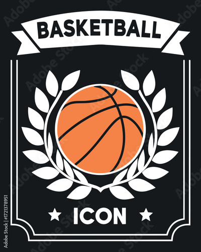Orange basketball with white laurel wreath and text basketball icon on black background sport game