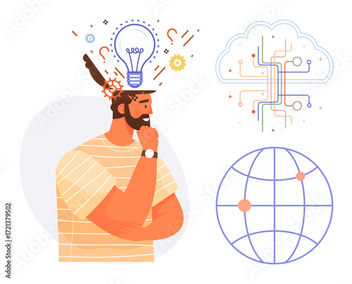 Man pondering, light bulb above head symbolizing ideas, digital cloud implying connectivity, globe illustrating global concepts. Ideal for innovation, creativity, problem-solving, global networking
