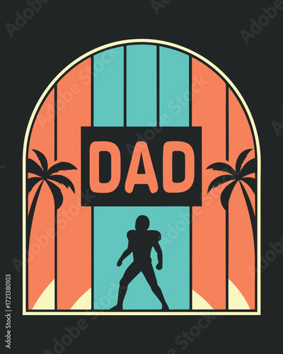 Retro sunset graphic with football player silhouette and dad text father american football