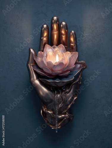 A sophisticated, decorative hand sculpture holds a delicate pink lotus flower, illuminated by a warm candle flame, against a dark backdrop.