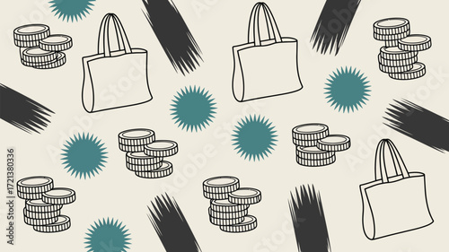 Pattern with tote bags coins spiky circles and brush strokes on a light beige background design art