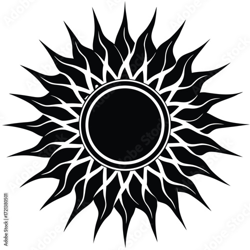 A sun symbol with sharp rays, a celestial body