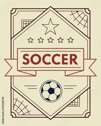 Stylized soccer emblem with ball stars and goal net design football sport