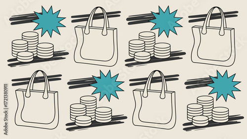 Repeated pattern of shopping bags coins and teal starbursts on a cream colored background with black lines