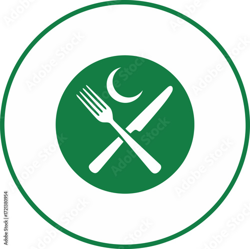 Green circle with white fork knife and crescent moon icon food dining