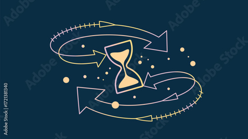 Illustration of an hourglass with arrows circling it on a dark blue background with dots around