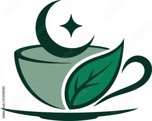 Green tea cup with crescent moon and star logo coffee cup leaf