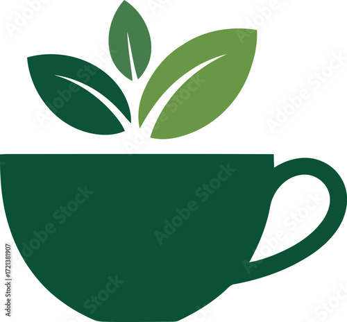 Dark green teacup with fresh green leaves emerging from the top vector