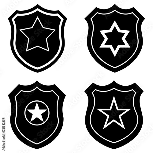 Collection of four black and white police badges with star shapes on a white background design vector