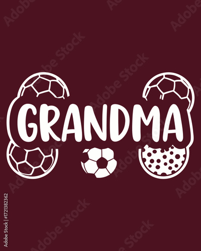 White Grandma text with soccer balls and polka dots on maroon background football
