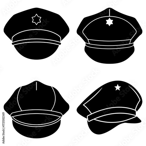 Collection of four black police hats with star badges in various orientations and perspectives isolated